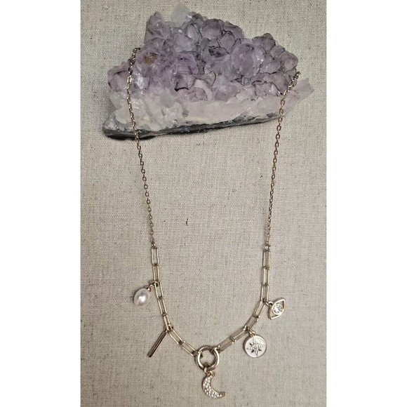 EXPRESS Charm Pearl Crescent Moon Compass Rose Yellow Gold Tone Necklace - Picture 2 of 6